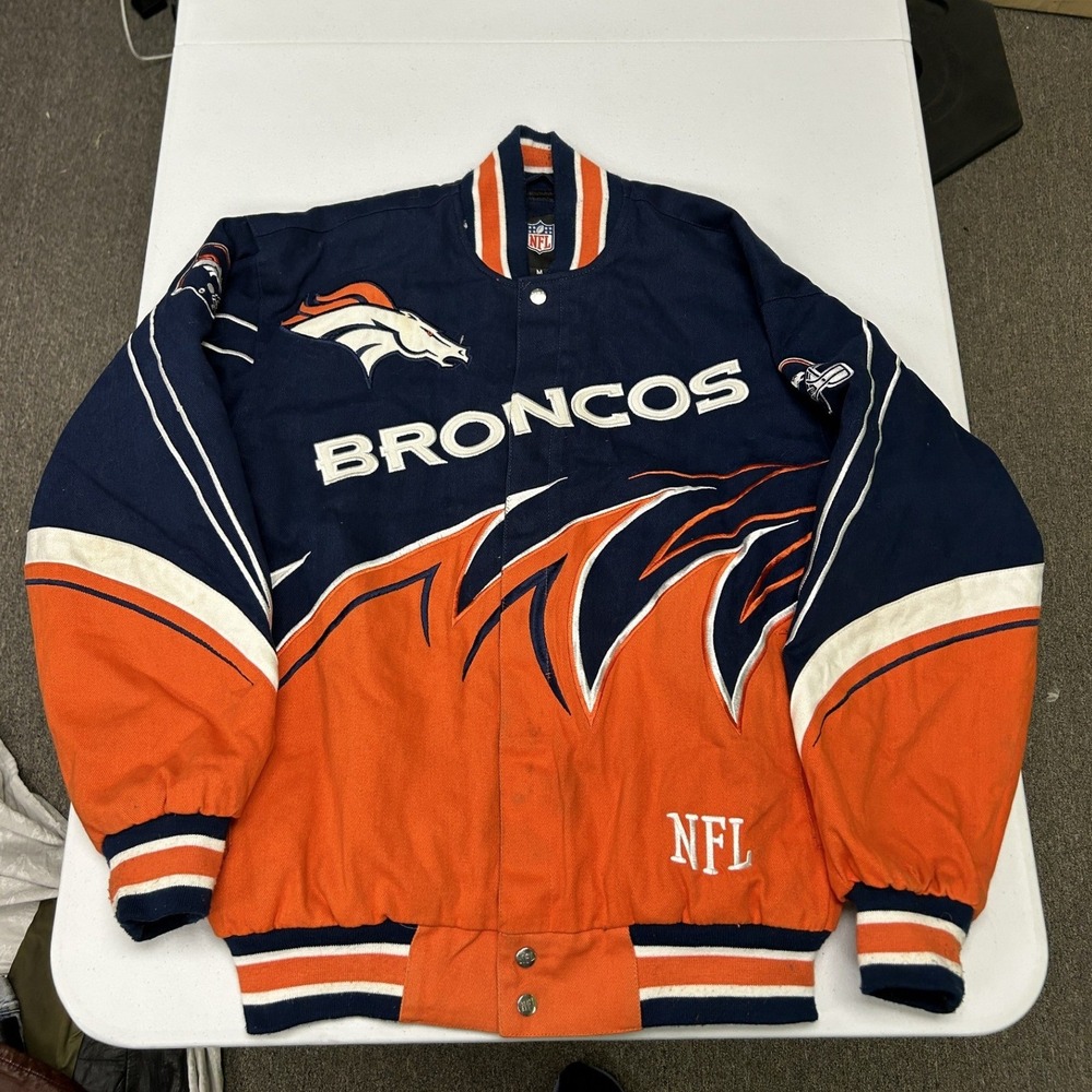 NFL Denver Broncos Varsity Jacket Mens M Navy Orange Embroidered Snap Front C3